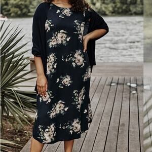 J Jill Women’s Floral Button Back Midi Dress Medium Black Cream